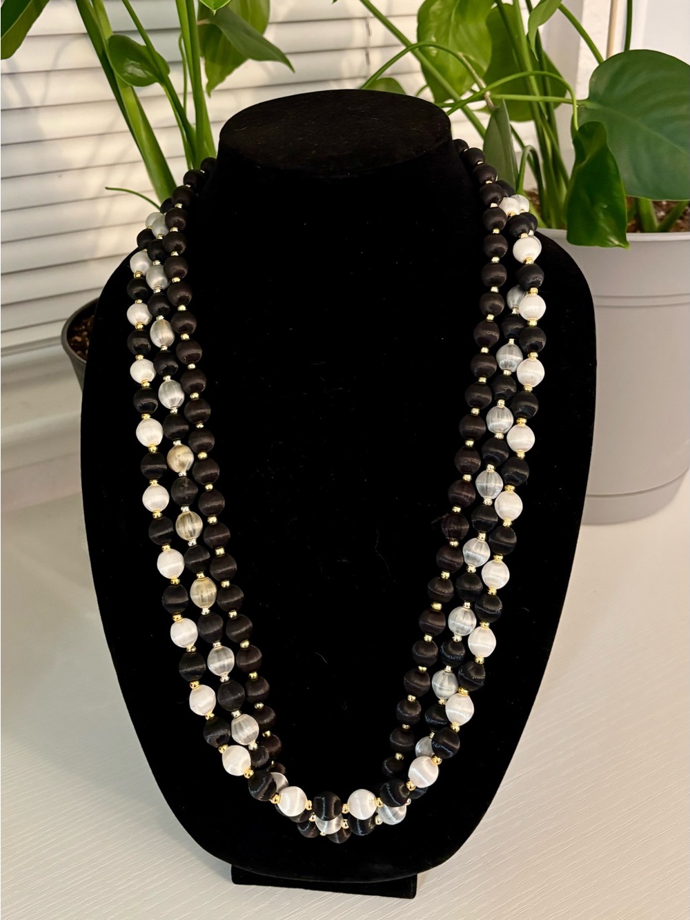 Set of 3 Single Strand Vintage Silk Beaded Necklaces in Black, Gray and White